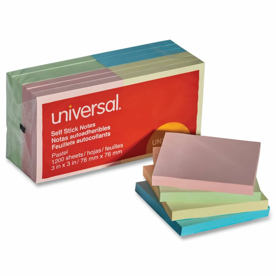 Universal Self-Stick Note Pads, 3" x 3", Assorted Pastel Colors, 100 Sheets/Pad, 12 Pads/Pack