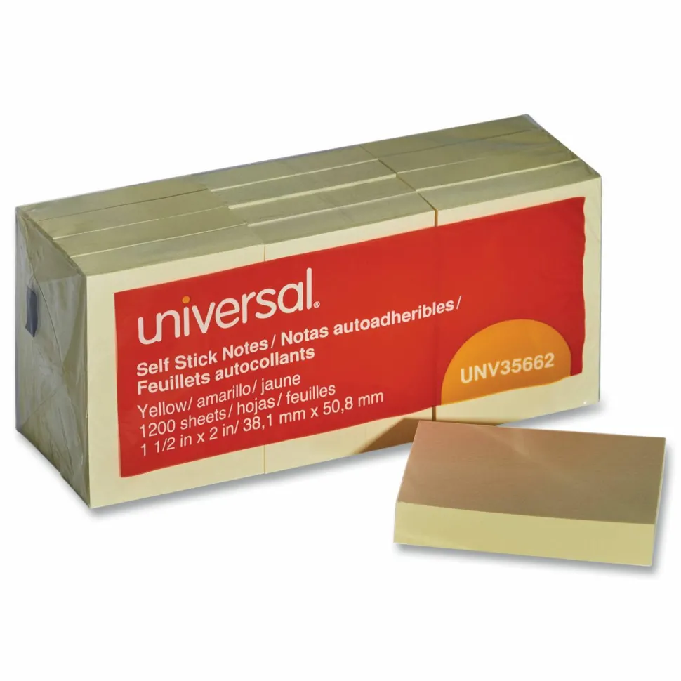 Universal Self-Stick Note Pads, 1.5" x 2", Yellow, 100 Sheets/Pad, 12 Pads/Pack