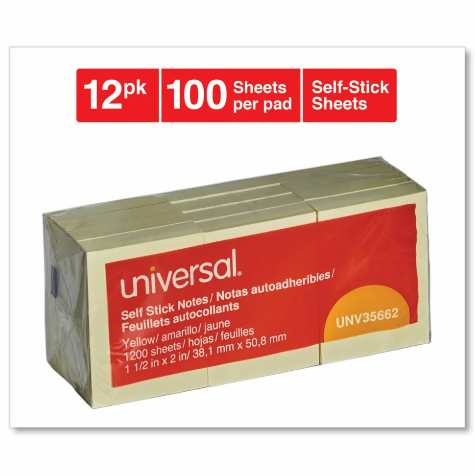 Universal Self-Stick Note Pads, 1.5" x 2", Yellow, 100 Sheets/Pad, 12 Pads/Pack