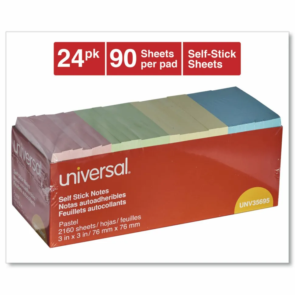 Universal Self-Stick Note Pad Cabinet Pack, 3" x 3", Assorted Pastel Colors, 90 Sheets/Pad, 24 Pads/Pack