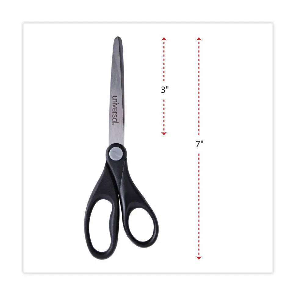 Universal Stainless Steel Office Scissors, 7" Long, 3" Cut Length, Straight Black Handle