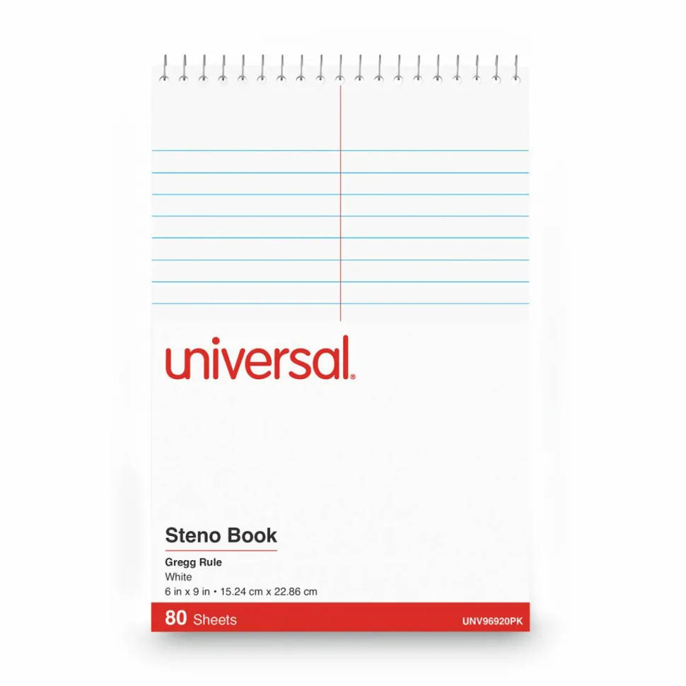Universal Steno Pads, Red Cover, Gregg Rule, (80) White 6 x 9 Sheets, 6/Pack