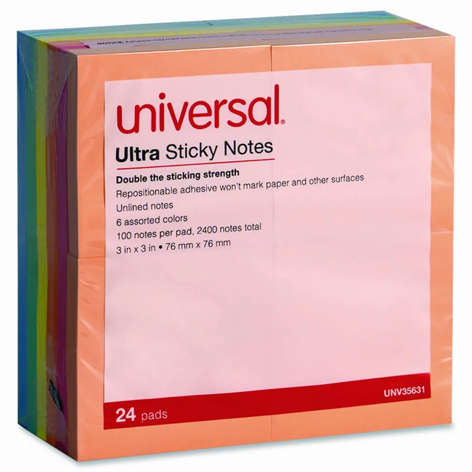 Universal Ultra Sticky Note Pads, 3" x 3", Assorted, 100 Sheets/Pad, 24 Pads/Pack