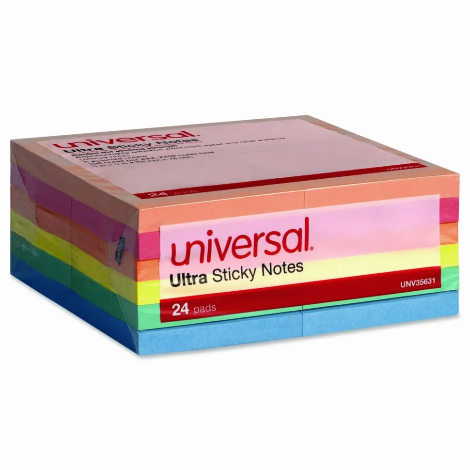 Universal Ultra Sticky Note Pads, 3" x 3", Assorted, 100 Sheets/Pad, 24 Pads/Pack