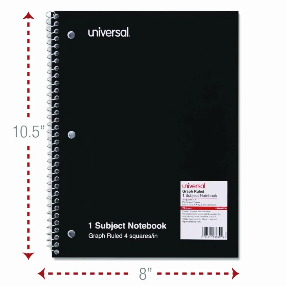 Universal Wirebound Notebook, 1-Subject, Quadrille Rule (4 sq/in), Black Cover, (70) 10.5 x 8 Sheets