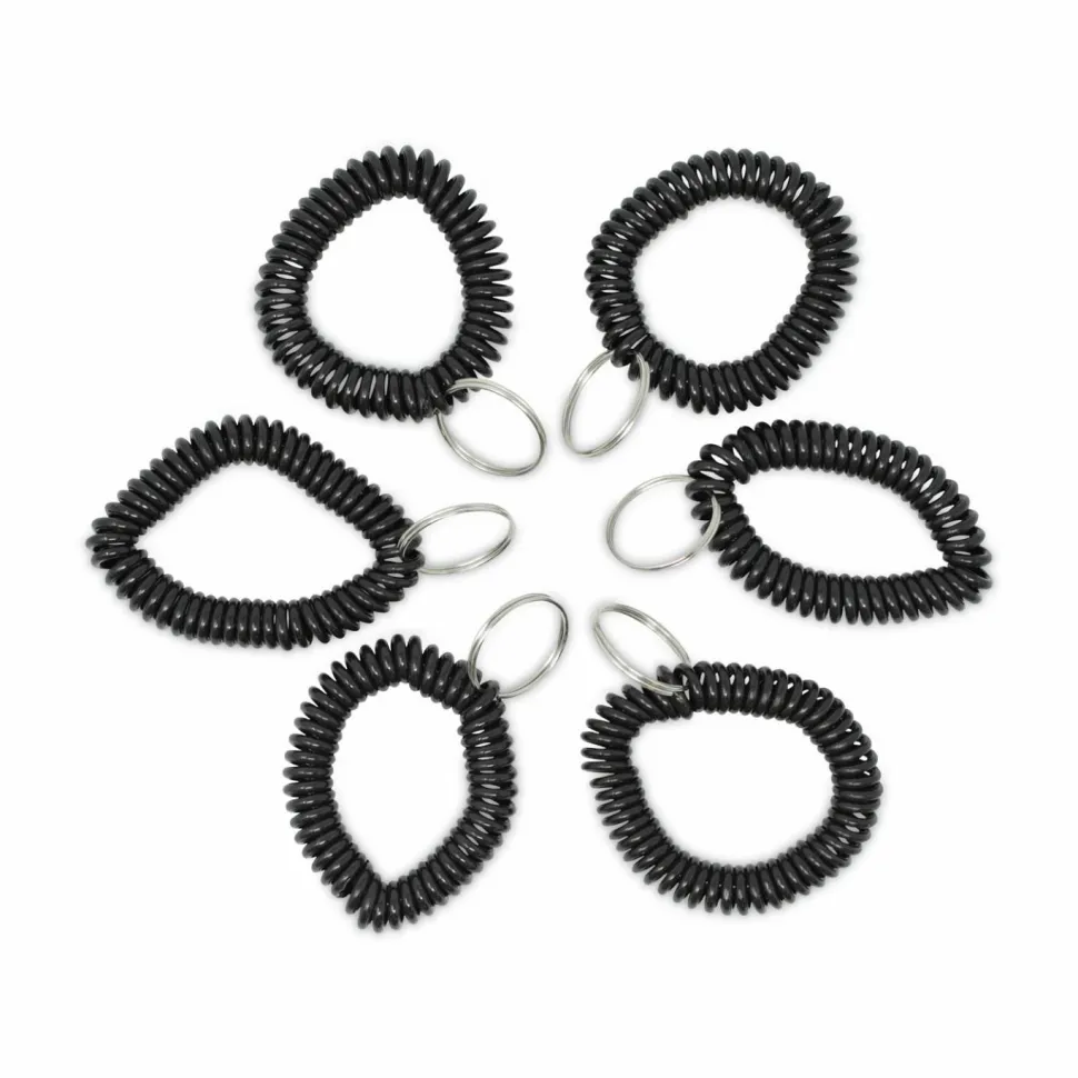Universal Wrist Coil Plus Key Ring, Plastic, Black, 6/Pack