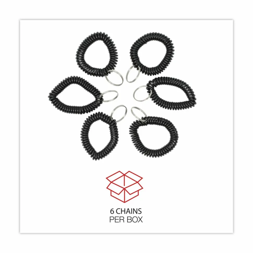 Universal Wrist Coil Plus Key Ring, Plastic, Black, 6/Pack