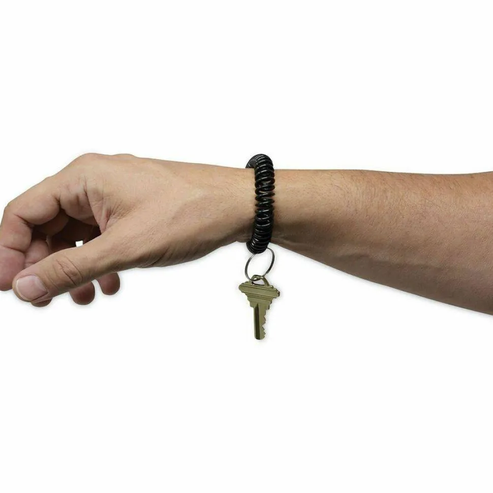 Universal Wrist Coil Plus Key Ring, Plastic, Black, 6/Pack