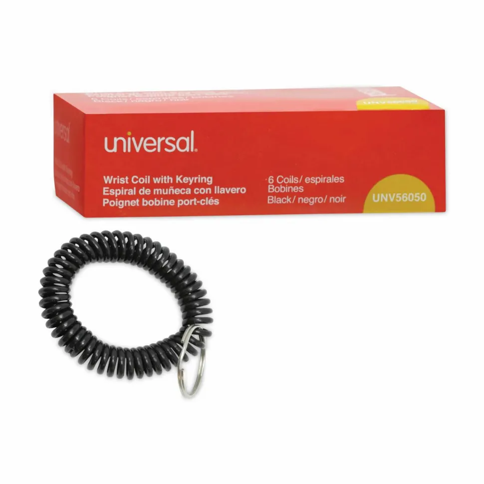 Universal Wrist Coil Plus Key Ring, Plastic, Black, 6/Pack