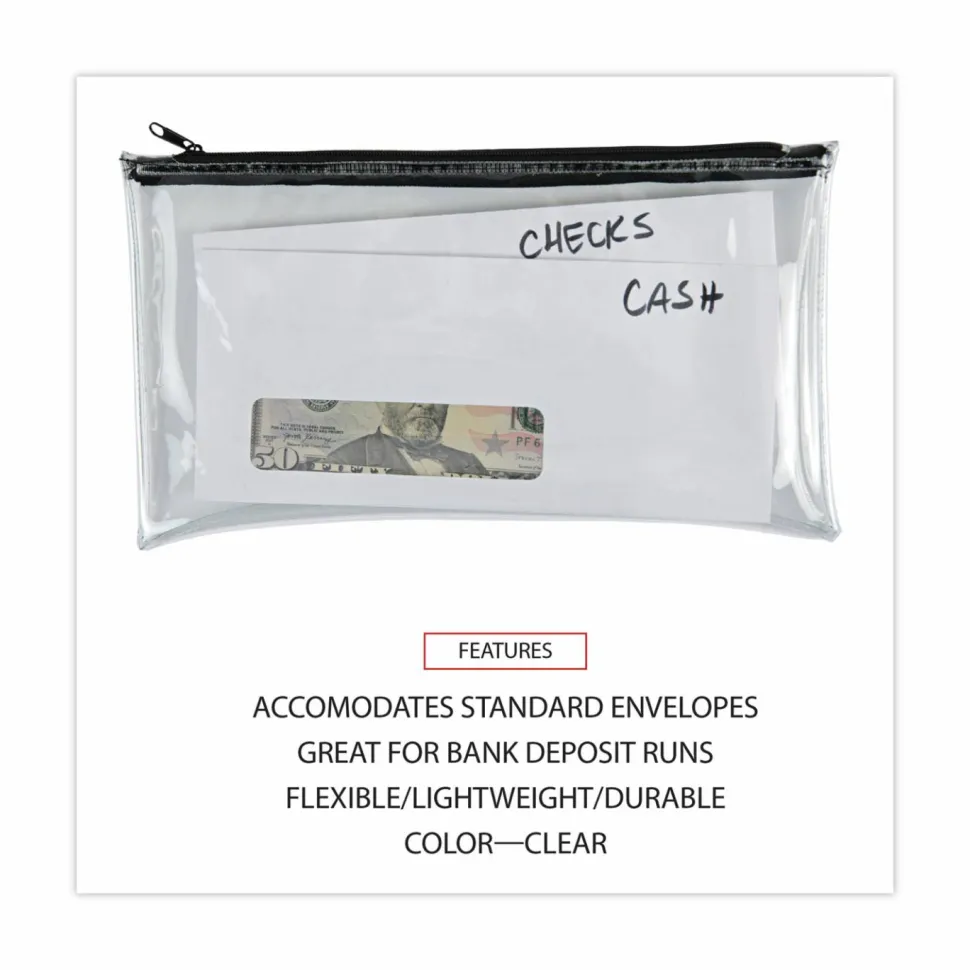 Universal Zippered Wallets/Cases, Polyethene, Toothed Zipper Closure, 11" x 6", Clear/Black, 2/Pack