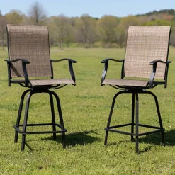 Valerie Patio Bar Height Stools Set of 2, All-Weather Textilene Swivel Patio Stools with High Back & Armrests in Brown