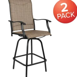 Valerie Patio Bar Height Stools Set of 2, All-Weather Textilene Swivel Patio Stools with High Back & Armrests in Brown