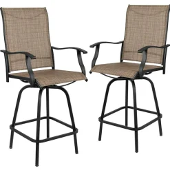 Valerie Patio Bar Height Stools Set of 2, All-Weather Textilene Swivel Patio Stools with High Back & Armrests in Brown