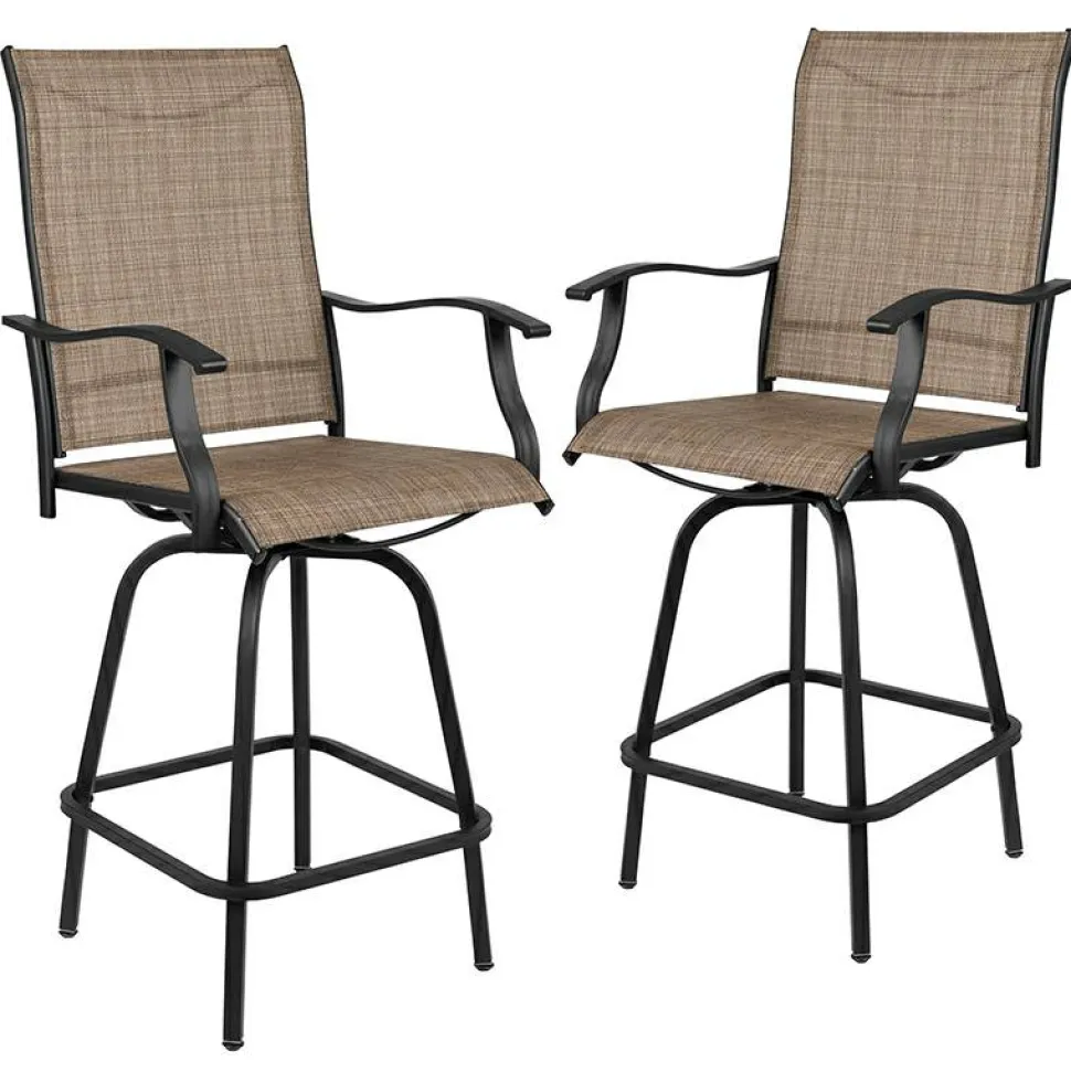 Valerie Patio Bar Height Stools Set of 2, All-Weather Textilene Swivel Patio Stools with High Back & Armrests in Brown