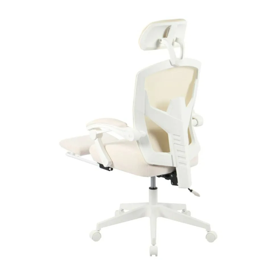 Vallori Mesh/Fabric High-Back Chair With Retractable Footrest, Cream/White, BIFMA Compliant