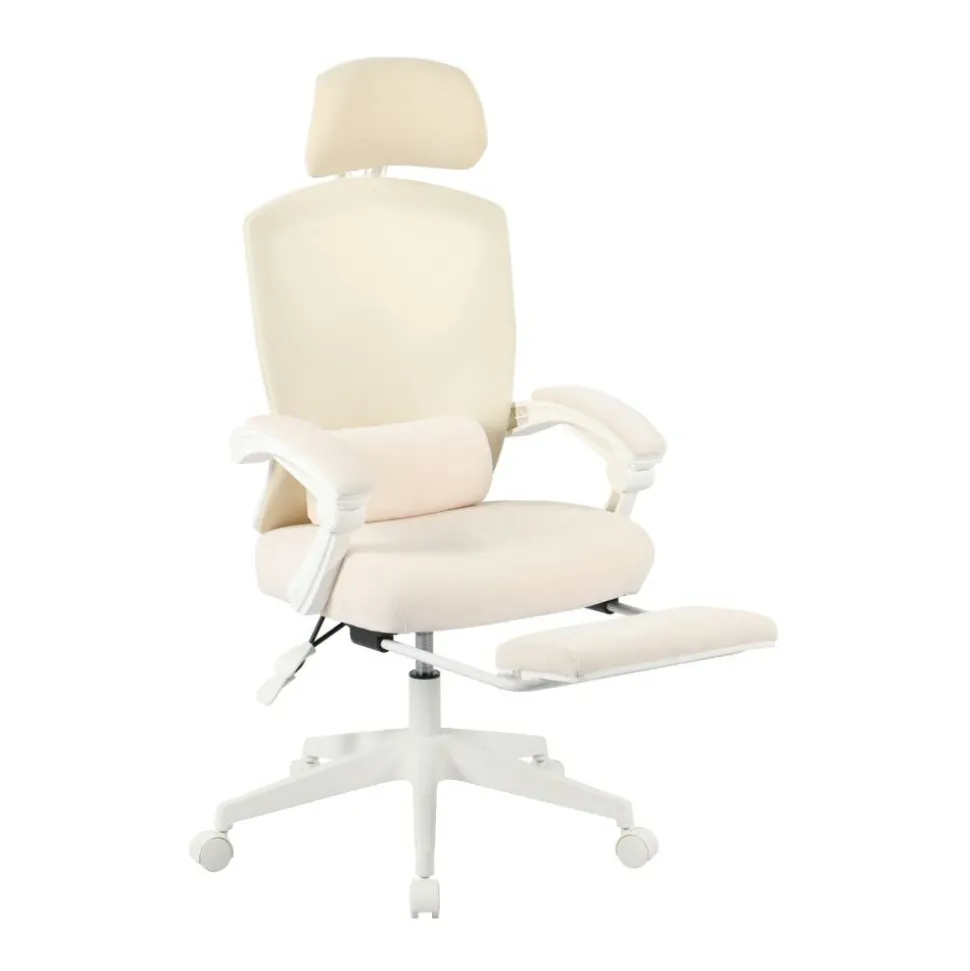 Vallori Mesh/Fabric High-Back Chair With Retractable Footrest, Cream/White, BIFMA Compliant