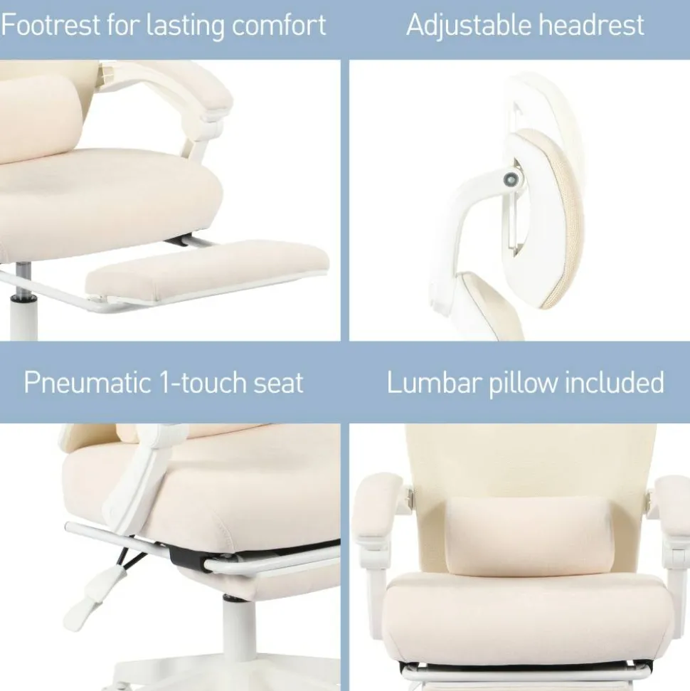 Vallori Mesh/Fabric High-Back Chair With Retractable Footrest, Cream/White, BIFMA Compliant