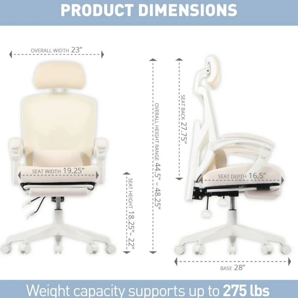 Vallori Mesh/Fabric High-Back Chair With Retractable Footrest, Cream/White, BIFMA Compliant