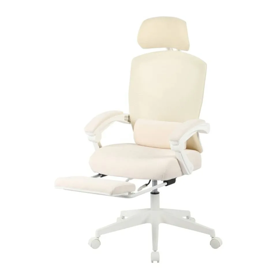 Vallori Mesh/Fabric High-Back Chair With Retractable Footrest, Cream/White, BIFMA Compliant