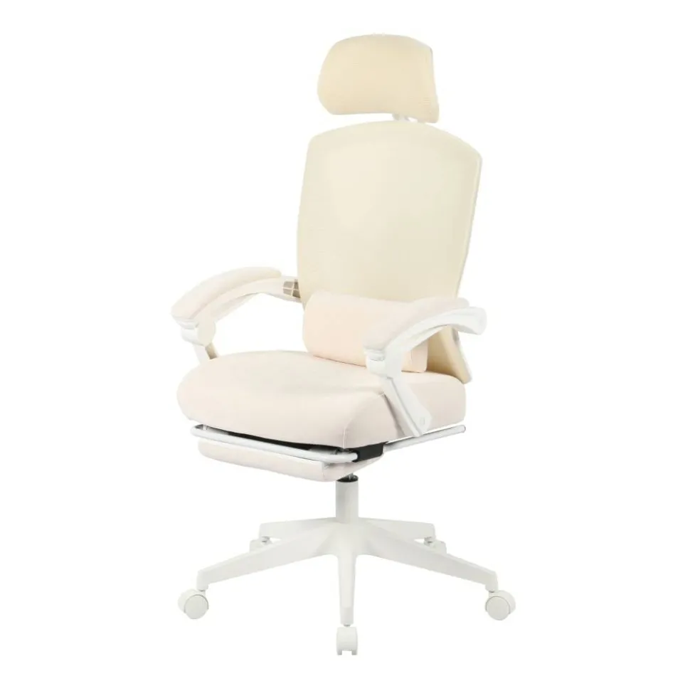 Vallori Mesh/Fabric High-Back Chair With Retractable Footrest, Cream/White, BIFMA Compliant
