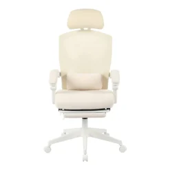 Vallori Mesh/Fabric High-Back Chair With Retractable Footrest, Cream/White, BIFMA Compliant