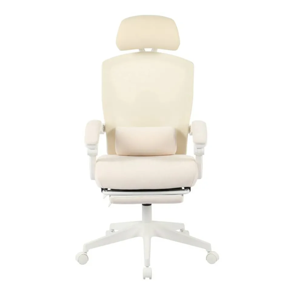 Vallori Mesh/Fabric High-Back Chair With Retractable Footrest, Cream/White, BIFMA Compliant