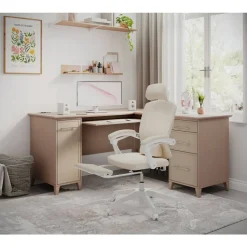 Vallori Mesh/Fabric High-Back Chair With Retractable Footrest, Cream/White, BIFMA Compliant