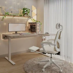 Vallori Mesh/Fabric High-Back Chair With Retractable Footrest, Cream/White, BIFMA Compliant
