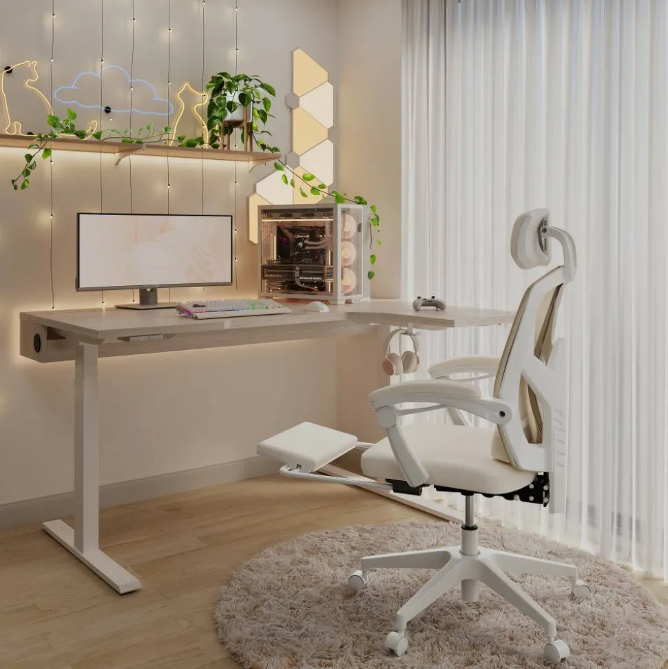 Vallori Mesh/Fabric High-Back Chair With Retractable Footrest, Cream/White, BIFMA Compliant