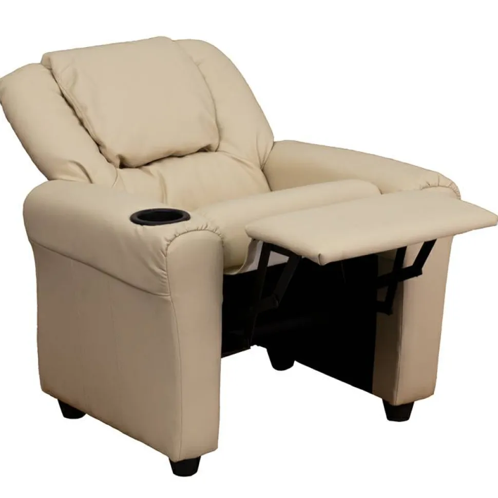 Vana Contemporary Beige Vinyl Kids Recliner with Cup Holder and Headrest
