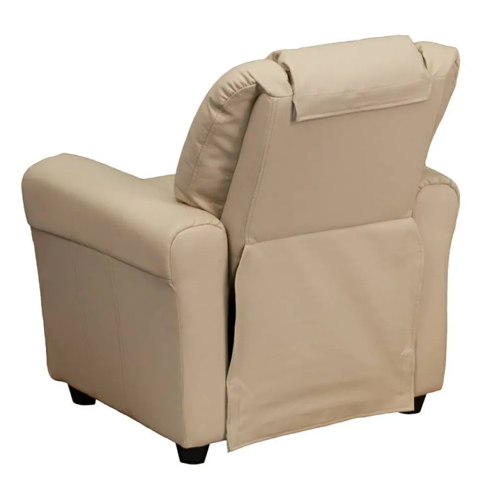 Vana Contemporary Beige Vinyl Kids Recliner with Cup Holder and Headrest