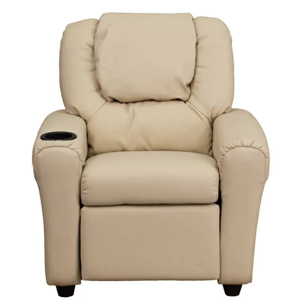Vana Contemporary Beige Vinyl Kids Recliner with Cup Holder and Headrest