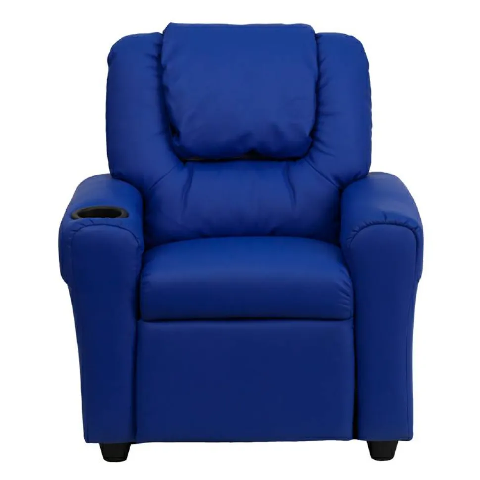 Vana Contemporary Blue Vinyl Kids Recliner with Cup Holder and Headrest