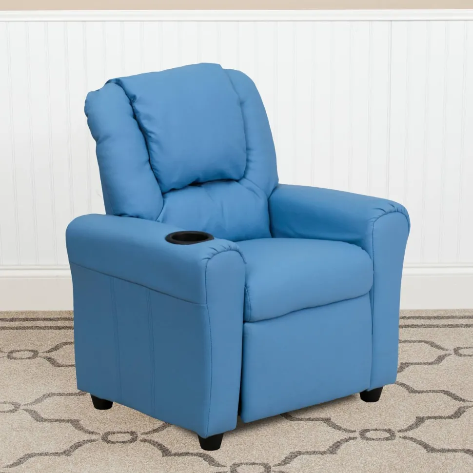 Vana Contemporary Light Blue Vinyl Kids Recliner with Cup Holder and Headrest