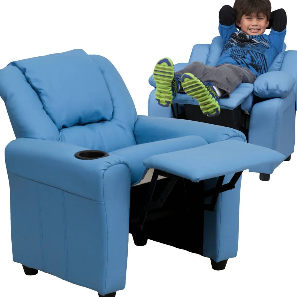 Vana Contemporary Light Blue Vinyl Kids Recliner with Cup Holder and Headrest