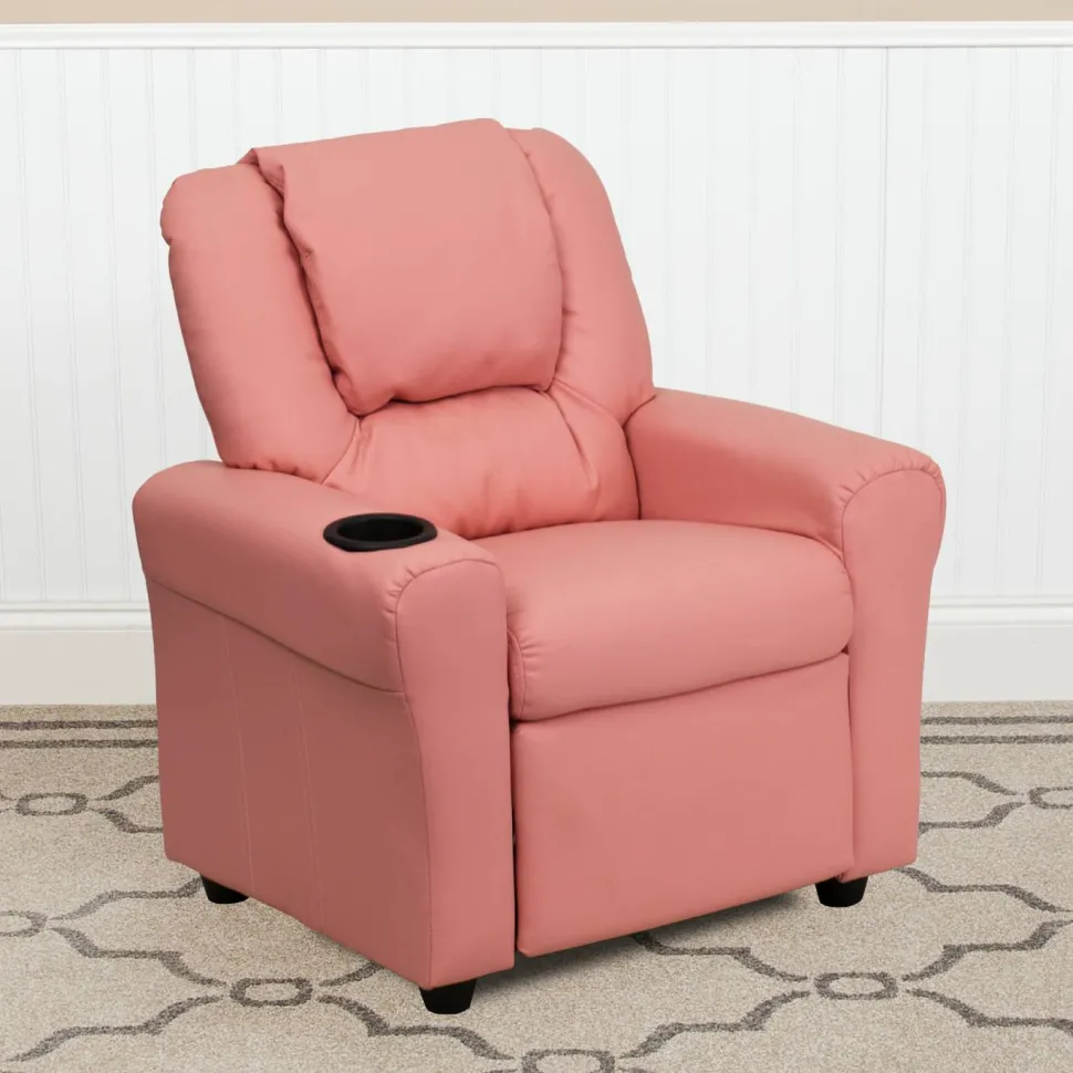 Vana Contemporary Pink Vinyl Kids Recliner with Cup Holder and Headrest
