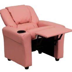 Vana Contemporary Pink Vinyl Kids Recliner with Cup Holder and Headrest