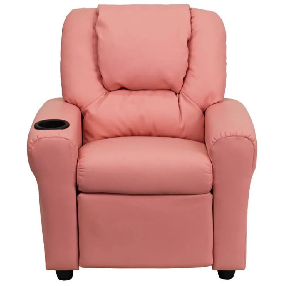 Vana Contemporary Pink Vinyl Kids Recliner with Cup Holder and Headrest