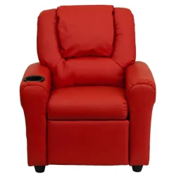 Vana Contemporary Red Vinyl Kids Recliner with Cup Holder and Headrest