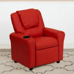 Vana Contemporary Red Vinyl Kids Recliner with Cup Holder and Headrest