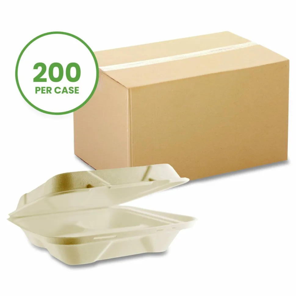 Vegware Nourish Molded Fiber Takeout Containers, , 3 Compartments, 9 x 9 x 3, White, Sugarcane, 200/Carton