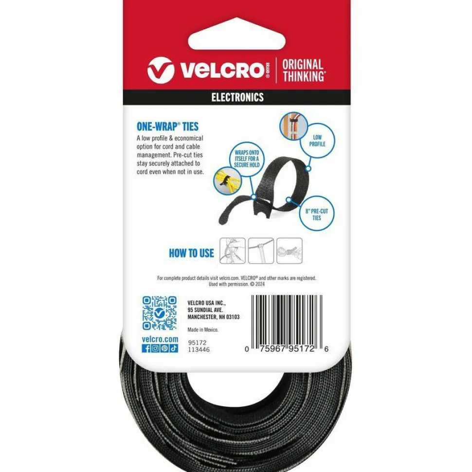 VELCRO Brand One-Wrap Thin Ties - 5" Width - 8" Length - Black - 50 / Pack