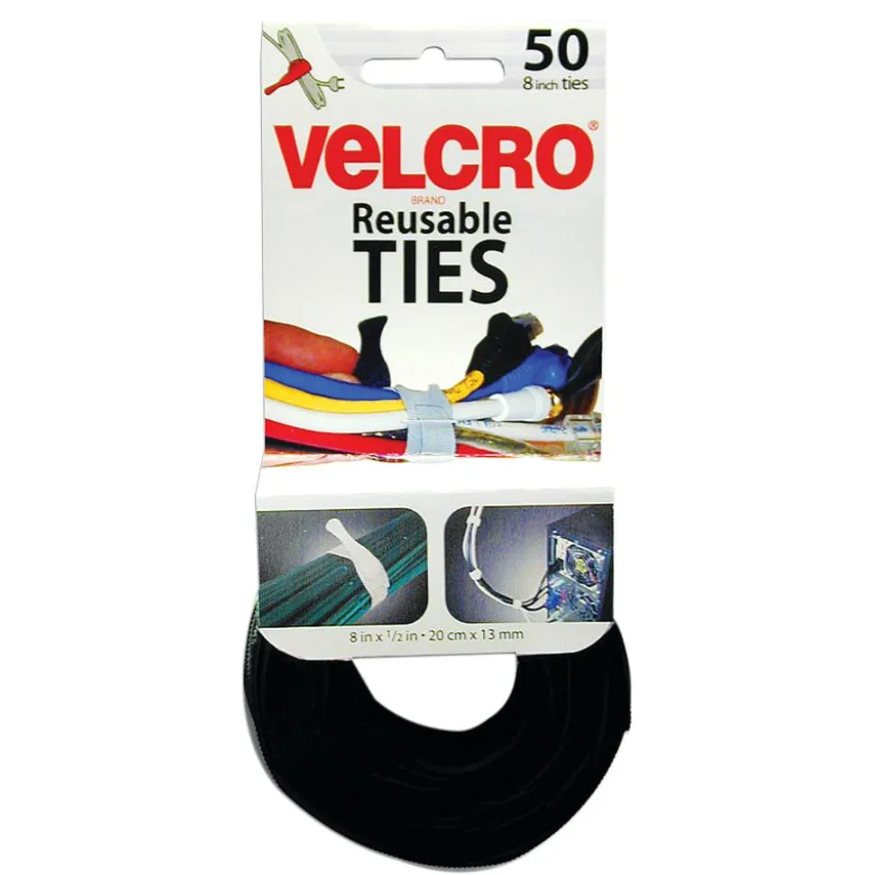 VELCRO Brand Reusable Ties, 8", Black/Gray, Pack Of 50