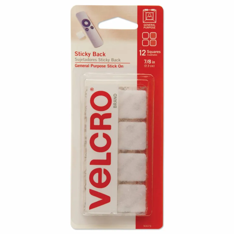 VELCRO Brand Sticky-Back Fasteners, Removable Adhesive, 0.88" x 0.88", White, 12/Pack
