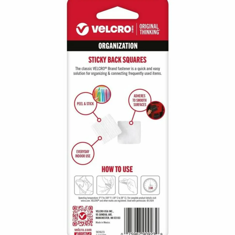 VELCRO Brand Sticky Back Fastener Squares, 7/8" x 7/8", White, Pack Of 32
