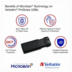 Verbatim Microban 32GB PinStripe USB 3.2 Flash Drive Business Pack - 32 GB - USB 3.2 (Gen 1) Type A - Black - Lifetime Warranty - 10 / Pack