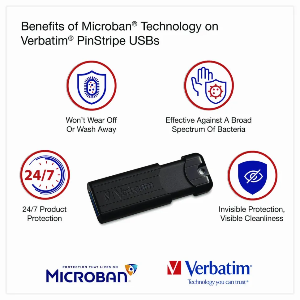 Verbatim Microban 32GB PinStripe USB 3.2 Flash Drive Business Pack - 32 GB - USB 3.2 (Gen 1) Type A - Black - Lifetime Warranty - 10 / Pack