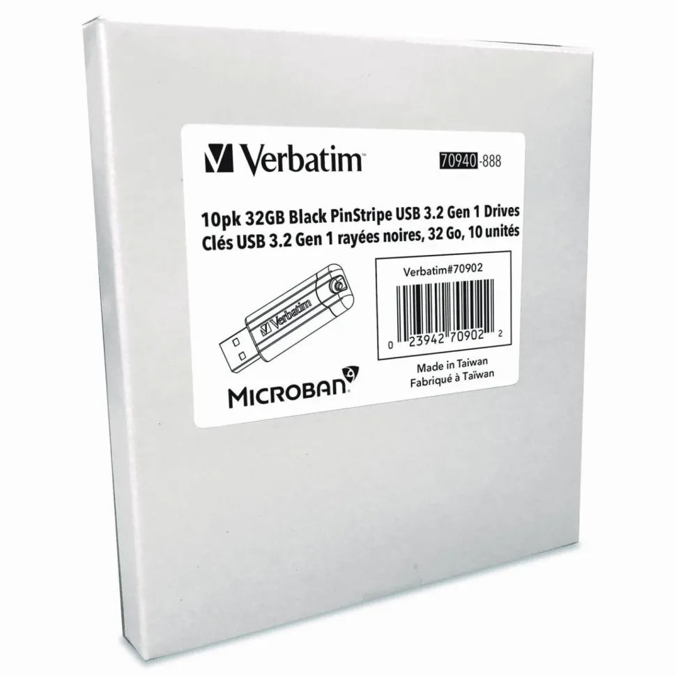 Verbatim Microban 32GB PinStripe USB 3.2 Flash Drive Business Pack - 32 GB - USB 3.2 (Gen 1) Type A - Black - Lifetime Warranty - 10 / Pack