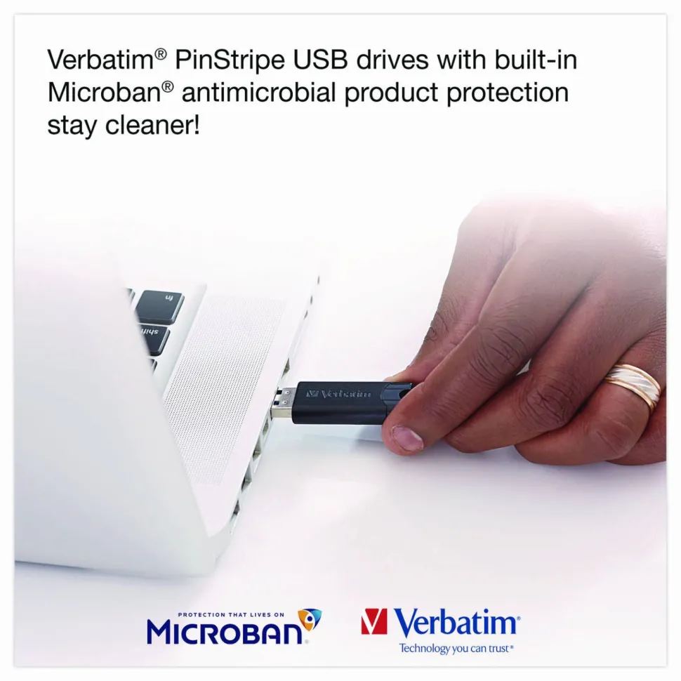 Verbatim Microban 32GB PinStripe USB 3.2 Flash Drive Business Pack - 32 GB - USB 3.2 (Gen 1) Type A - Black - Lifetime Warranty - 10 / Pack