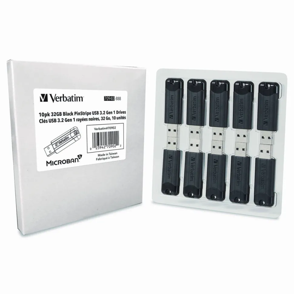 Verbatim Microban 32GB PinStripe USB 3.2 Flash Drive Business Pack - 32 GB - USB 3.2 (Gen 1) Type A - Black - Lifetime Warranty - 10 / Pack
